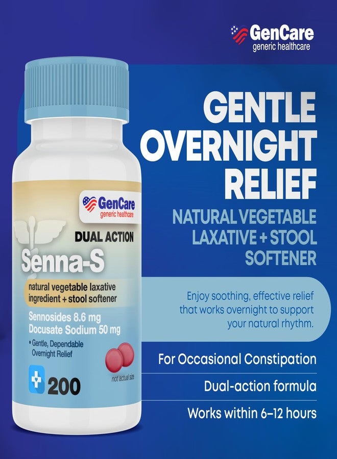 GenCare - Senna-S Natural Vegetable Laxative Plus Stool Softener Dual Action (200 Tablets) Value Pack | Gentle Dependable Overnight Relief of Occasional Constipation Generic for Senokot-S - Image 2